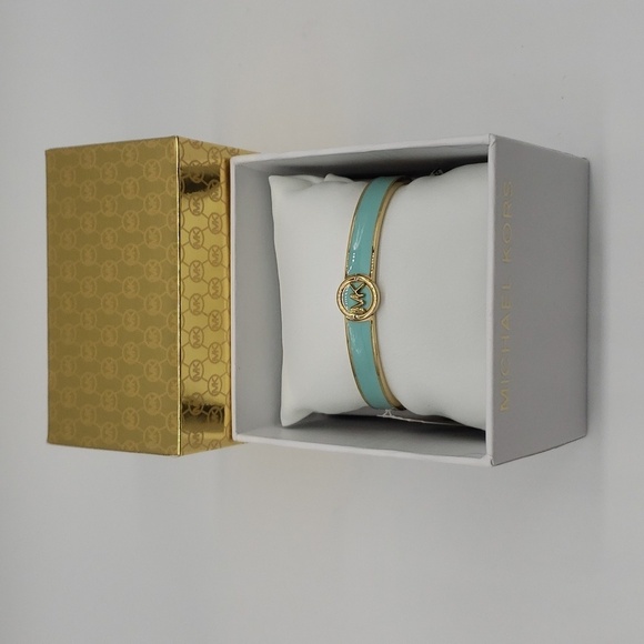1606- MICHAEL Michael Kors Haute Gold Tone AQUA Enamel Bangle Bracelet NWT - Picture 2 of 10